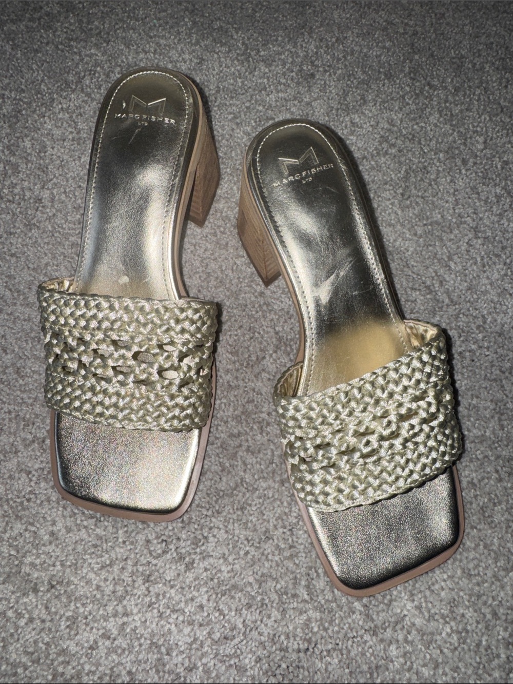 Marc Fisher Braided Metallic Champagne Slide Heels like new!